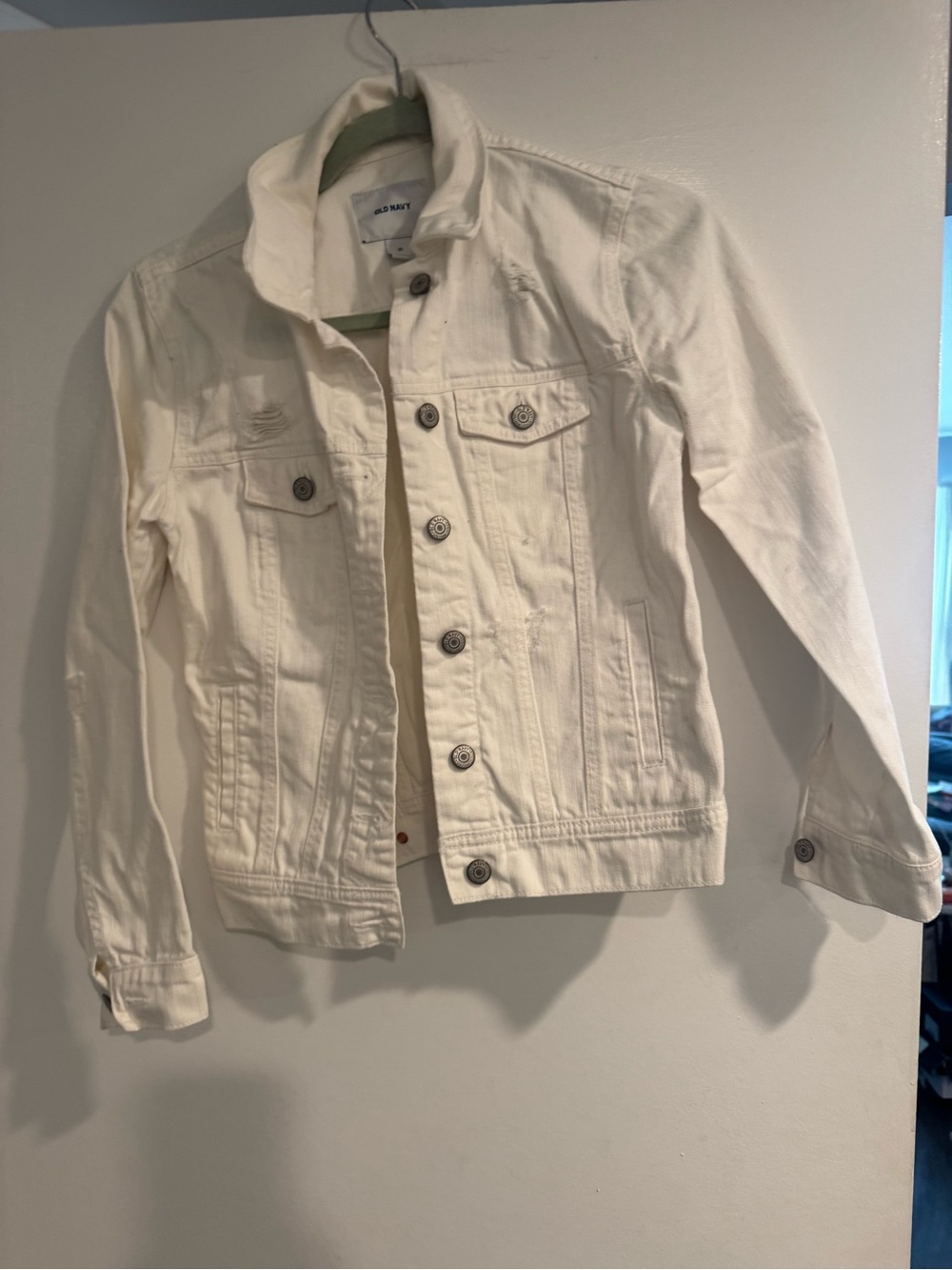 Old Navy White Denim Jacket XS Distressed Raw Hem Vintage Y2K Casual